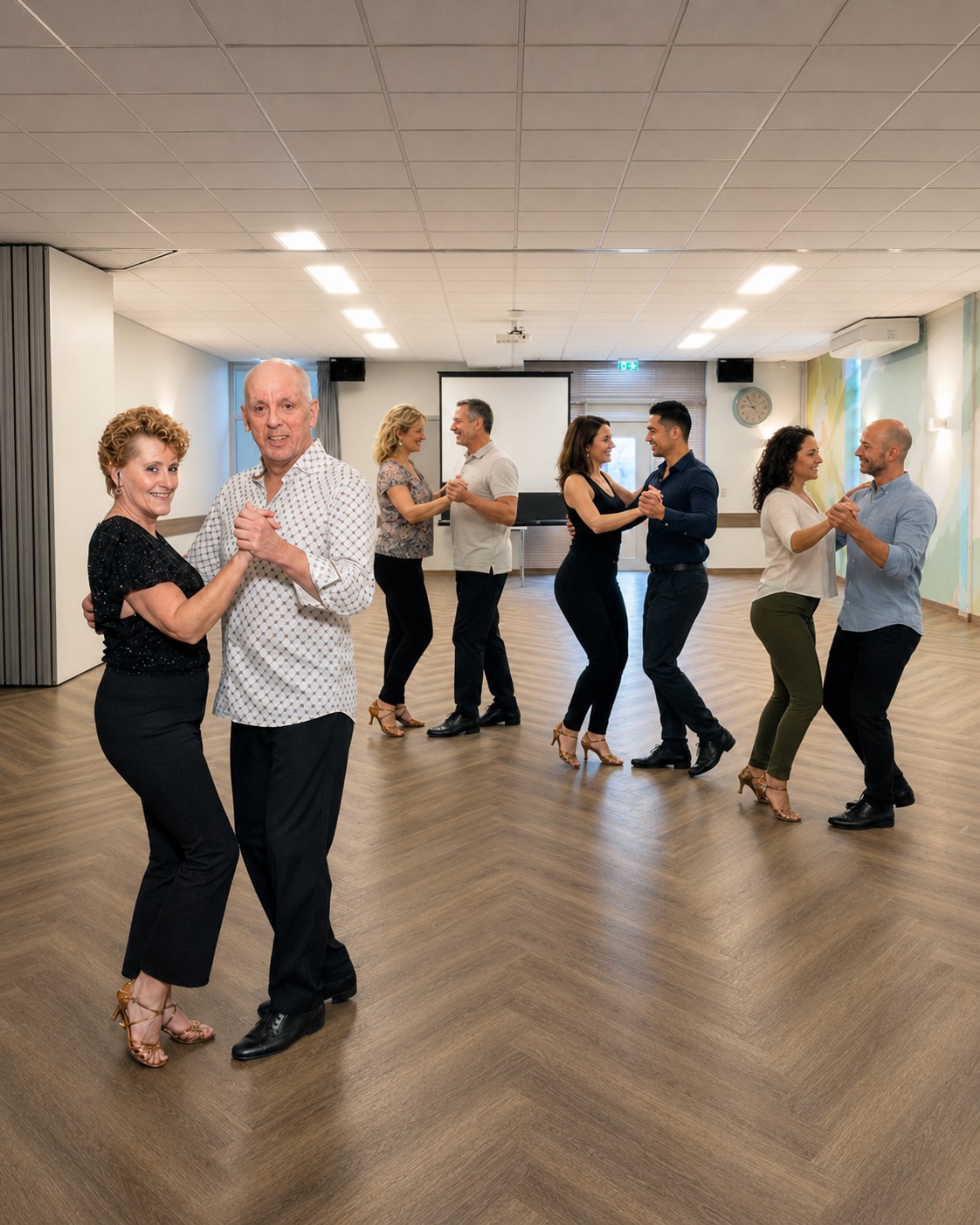 Cursisten tijdens een gezellige salsa dansles